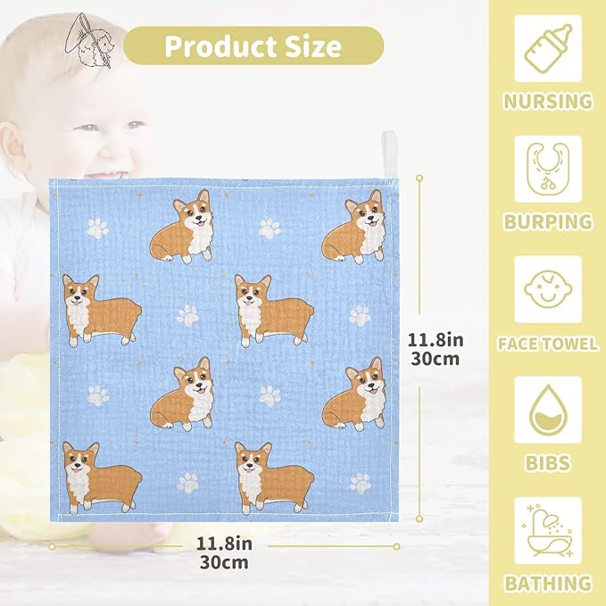 vvfelixl Corgi Paws Baby Burp Cloths Baby Muslin Washcloths for Boys Girls Cotton Baby Face Towel for Newborn Infants Soft and Absorbent 11.8 X 11.8 in, 5 Pack