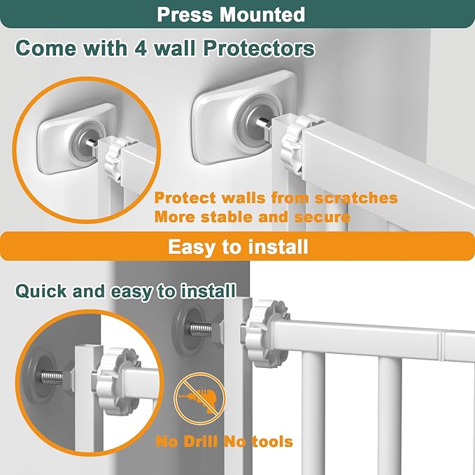 40.55" Tall 1.37" Ultra Narrow Spacing Dogs Pets Baby Gate for Doorway Hallway Safety Proof Indoor 30.11-34.05" Extra Wide Puppy Pressure Mounted No Drill Walk Through White Metal