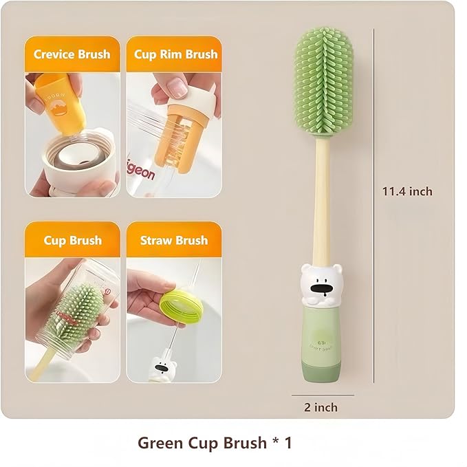 Pevxuoleo 4-in-1 Silicone Water Bottle Cleaning Brush Kit, Long Handle Straw Brush for Reusable Bottles, Mugs, Travel Cups, Wine Glasses,Multi-Purpose Cleaning Tools Set(Green)