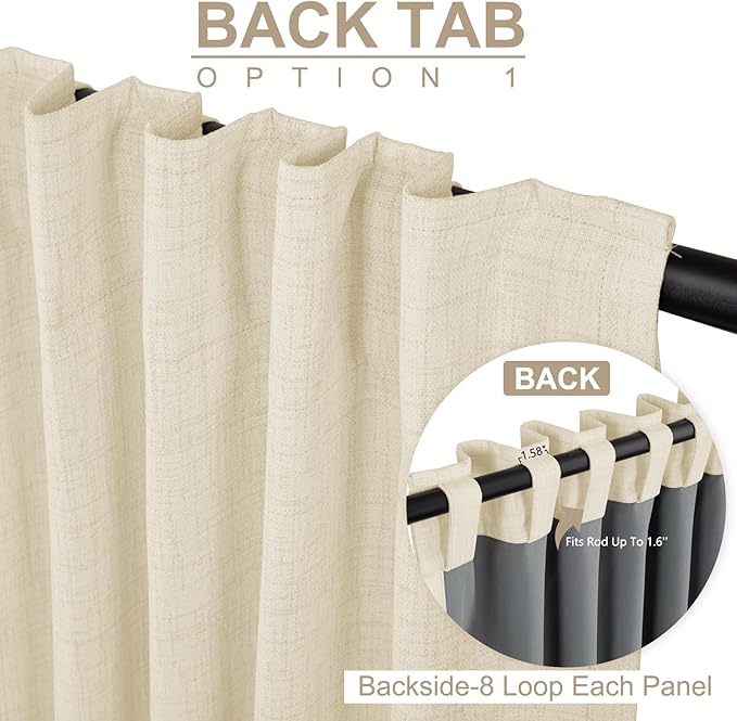 100% Blackout Shield Linen Blackout Curtains for Bedroom 96 Inches Long, Back Tab/Rod Pocket Living Room Drapes, Thermal Insulated Blackout Curtains 2 Panels Set, 50" W x 96" L, Light Cream