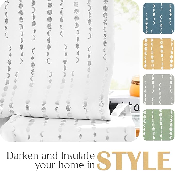 jinchan 95% Blackout Bohemian Moon Phase Print Bedroom Curtains 90 Inch Length 2 Panels Silver Curtain on White Background Pole Mouth Rear Label Thermal Curtains for Nursery