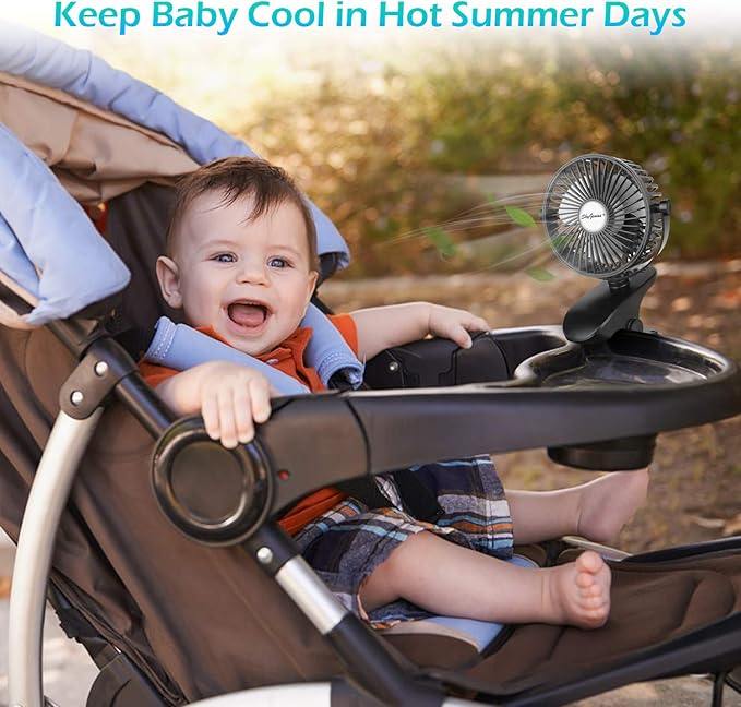 SkyGenius Battery Operated Stroller Fan, Rechargeable USB Powered Mini Clip on Desk Fan