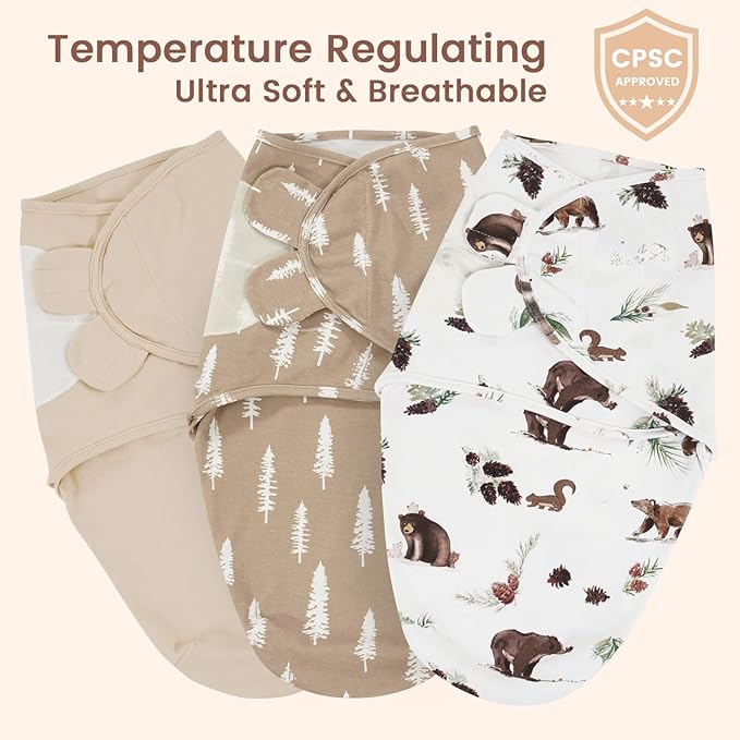 david's kids 100% Cotton 3 Pack Baby Swaddle Wrap for 0-3 Months, Soft Breathable Swaddle Blanket for Newborn Infant, Adjustable Baby Wrap Sleep Sacks for Boys Girls, Newborn Essentials, Woodland