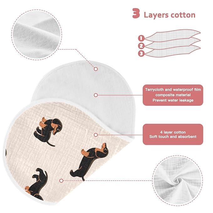 WELLDAY Muslin Baby Burp Cloths Set of 2, Soft Absorbent Cute Dogs Dachshunds Muslin Washcloths, Bibs, Face Towel for Newborn Boys Girls, 22 x 11 Inch