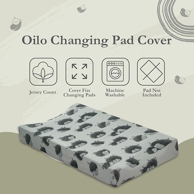 Oilo Changing Pad Cover, Breathable 100% Turkish Cotton Fitted Jersey, 300 Thread Count, Machine Washable, Fits Standard Changing Pads (32" x 16"), Girl, Boy, & Neutral Nursery Design, Olive Hedgehog