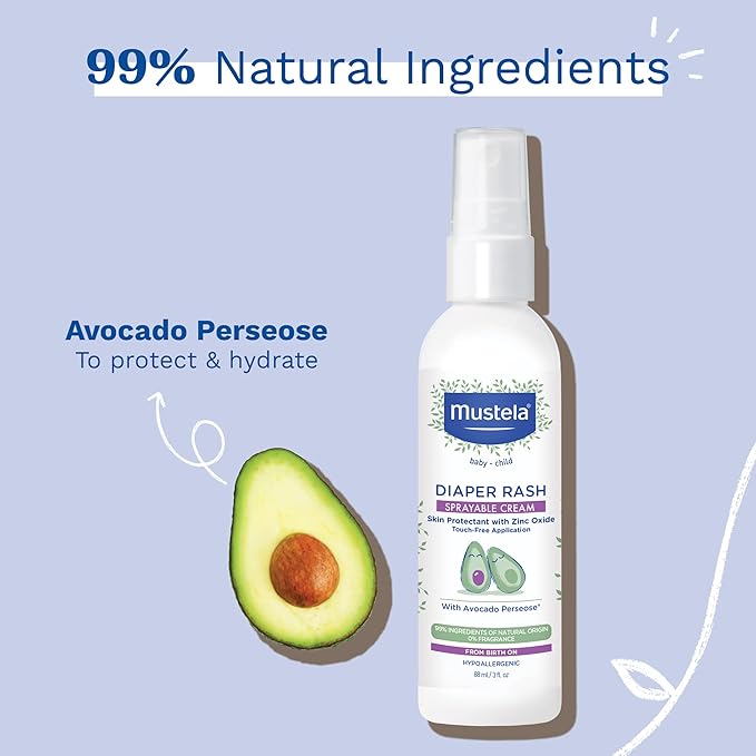 Mustela Baby Diaper Rash Cream Spray – Touch-Free protectant with Zinc Oxide & Natural Avocado - Treats, Soothes and Prevents Diaper Rash- Fragrance-Free - 3 fl. oz
