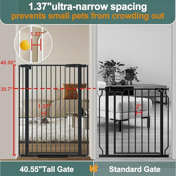 40.55" Tall 1.37" Ultra Narrow Spacing Dogs Pets Baby Gate for Doorway Safety Proof Indoor 34.05-45.86" Extra Wide Puppy Pressure Mounted No Drill Walk Through Black Metal Hallway
