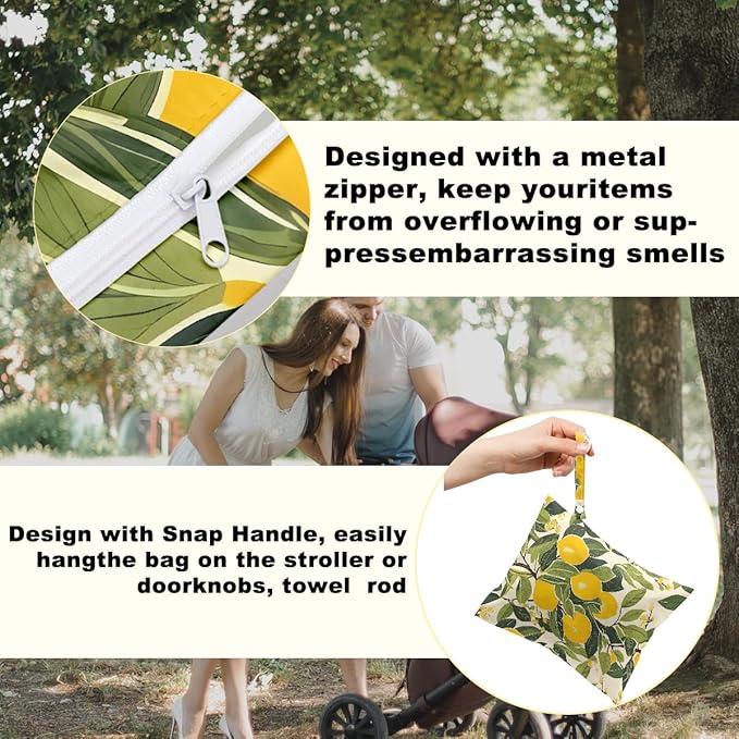 Hanamiya Na 2Pcs Lemon Print Wet Bags, Wet Dry Bag Reusable Zipper Pouch for Swimsuit, Diapers, Travel, Pool, Beach, Dirty Yoga Gym Clothes, Toiletries, Waterproof Birthday Christmas Gifts
