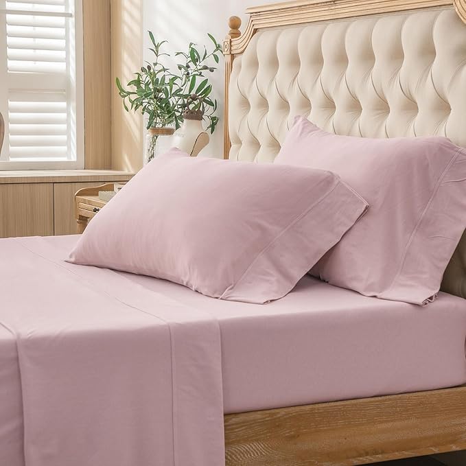 PURE ERA Jersey Knit 4pc Bed Sheet Set 100% T-Shirt Cotton Super Soft Comfy Breathable Fits Mattress Up to 20" Extra Deep Pocket (Solid Light Pink, King)