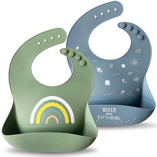 Moonkie Silicone Baby Bibs Set of 2, BPA Free Waterproof Baby Bibs for Eating, Soft Adjustable Silicone Bibs for Babies 6-12 Months, Toddler Bibs with Large Pocket Food Catcher (Tradewinds/Sage)