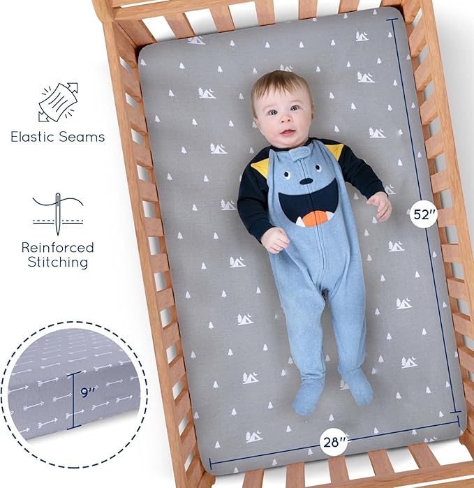 Fitted Unisex Crib Sheets (3 Pack) by GROW WILD - Jersey Knit Cotton Crib Sheets for Boys or Girls, 52” x 28” x 9” Crib Bedding Set (Woodland Gray and White)