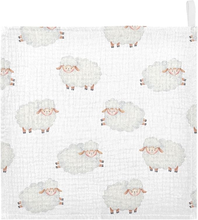 vvfelixl Baby Washcloths Cotton Cute Curly Lamb Muslin Count Sheep Soft Face Towel for Newborn Infants Wipes, 11.8 X 11.8 Inch, 5 Pack White