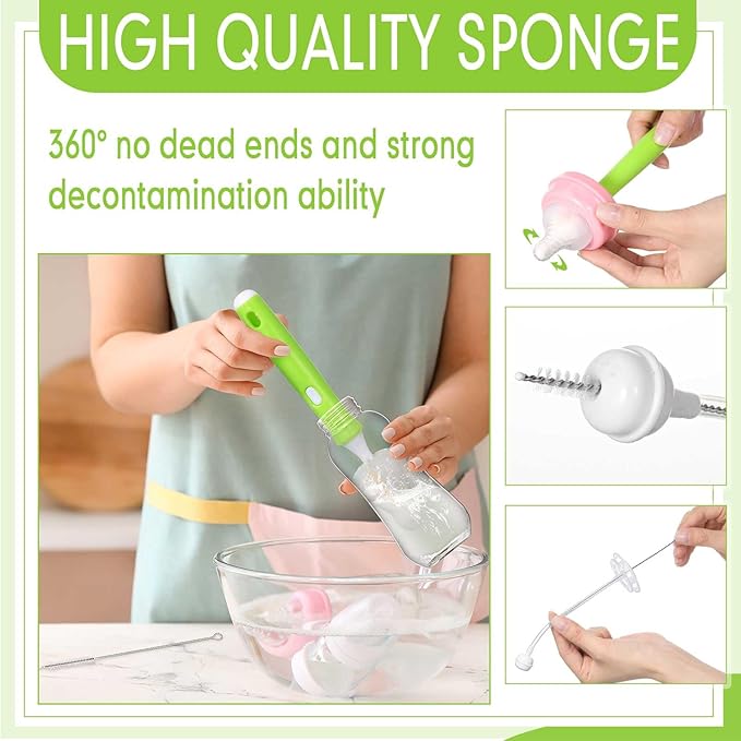 Willinglong 22 Pcs Sponge Bottle Nipple Brushes Set Including 12 Pcs Bottle Sponge Brush Heads 6 Interchangeable Nipple Brush Handles and 4 Long Straw Brushes for Baby Bottles (White and Green Handle)