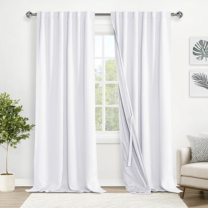 XWZO White 100% Blackout Curtains- Heat and Full Light Blocking Drapes with Black Liner for Basement, Back Tab & Rod Pocket Thermal Insulated Window Panels with Tiebacks, W52 x L108, Set of 2