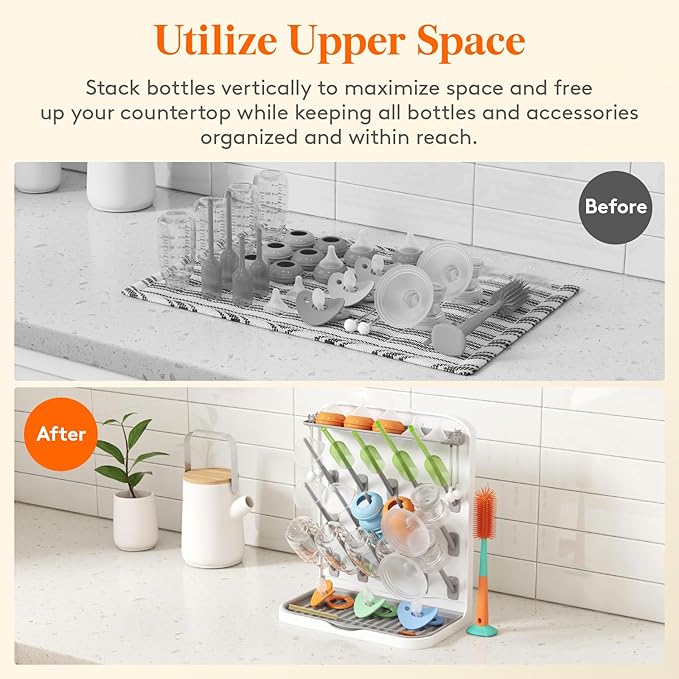 Lifewit Large Baby Bottle Drying Rack, 15 Hooks Vertical Rack Dryer with Removable Pacifiers Box, Drip Tray, Space Saving Countertop Holder Organizer for Weighted Straws, Pump Parts