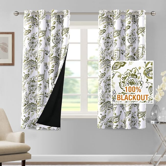 H.VERSAILTEX 100% Blackout Curtains for Bedroom Paisley Floral Printed Curtains 63 Inches Long Grommet Curtains & Drapes Thermal Curtains Window Treatments with Black Liner 2 Panels, Olive