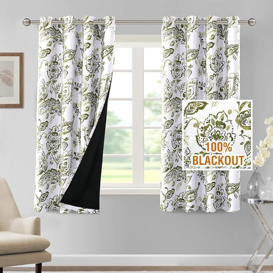 H.VERSAILTEX 100% Blackout Curtains for Bedroom Paisley Floral Printed Curtains 63 Inches Long Grommet Curtains & Drapes Thermal Curtains Window Treatments with Black Liner 2 Panels, Olive