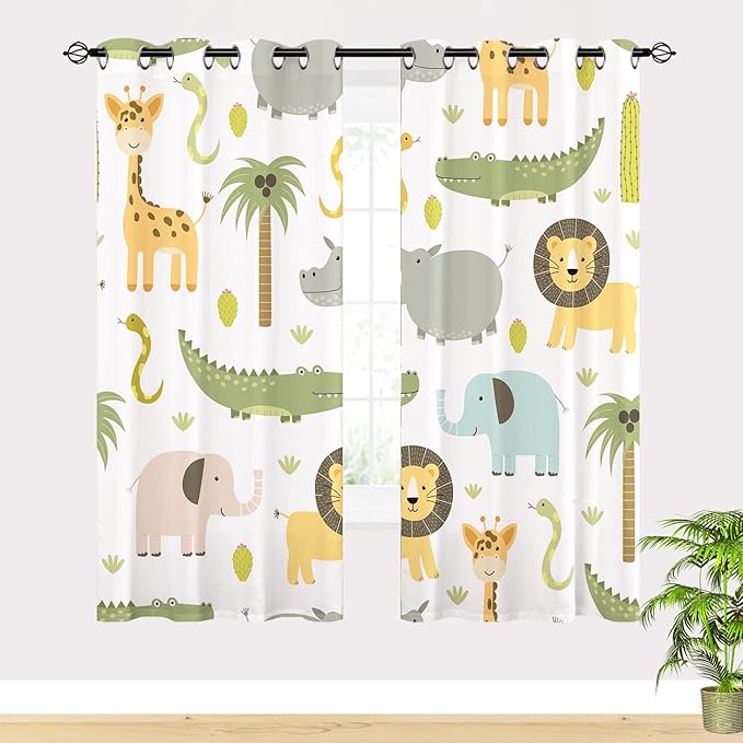 Animal Curtains W29.5 x L65 Inch Grommet Thermal Insulated Blackout Window Drapes Safari Hippo Crocodile Lion Elephant Giraffe Woodland Zoo Pattern for Kids Boys Girls Nursery Bedroom 2 Panels
