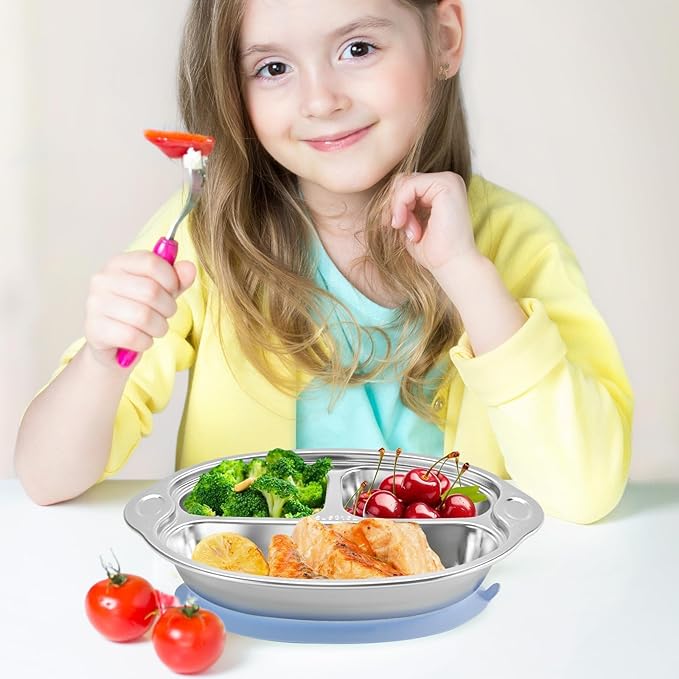 Mrs. Chou Stainless Steel Baby Suction Plates: Divided Plates for Babies and Toddlers, Made of 100% Food-Grade Materials Ideal for Baby-Led Weaning BPA-Free Toddler Feeding Dishwasher Safe Purple