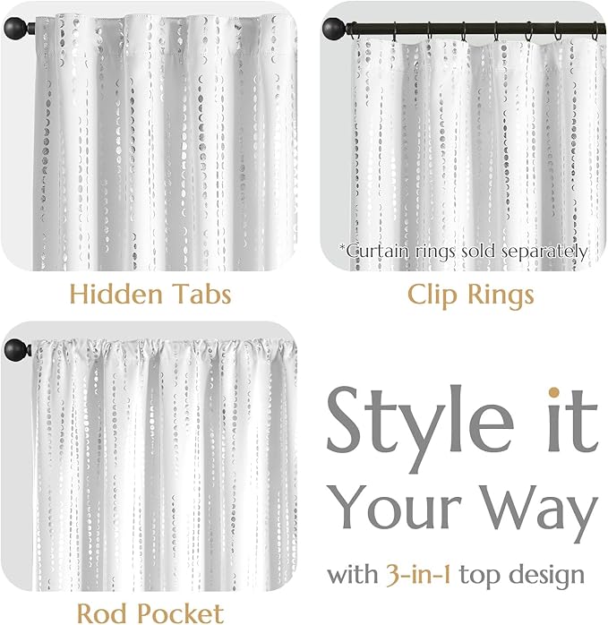jinchan 95% Blackout Bohemian Moon Phase Print Bedroom Curtains 90 Inch Length 2 Panels Silver Curtain on White Background Pole Mouth Rear Label Thermal Curtains for Nursery