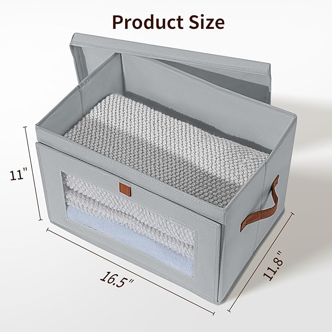 Large Closet Storage Bins - Collapsible Storage Bins with Handles & Window, Fabric Cube Organizer with Lids, Decorative Boxes for Living Room, Closet, Dorm, 4 Pack, Grey