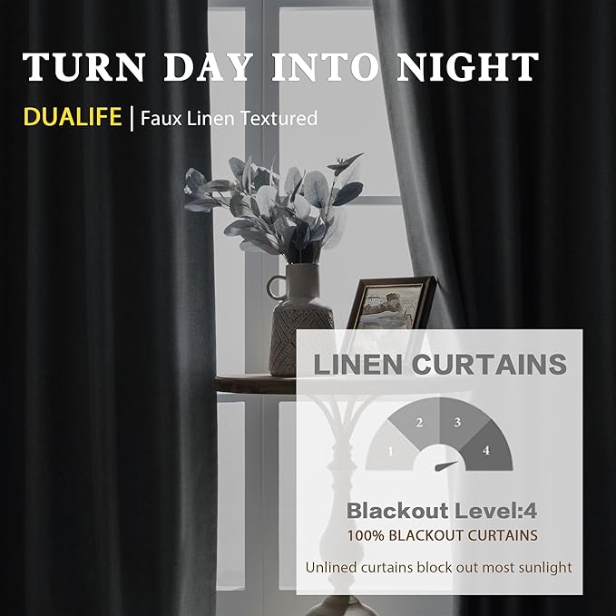 DUALIFE Linen Blackout Curtains 63 Inches Long, Back Tab Rod Pocket Hook Belt Sun Heat and Full Light Blocking Curtain Panels for Bedroom Living Room, 2 Panels, Dark Grey, W50 x L63