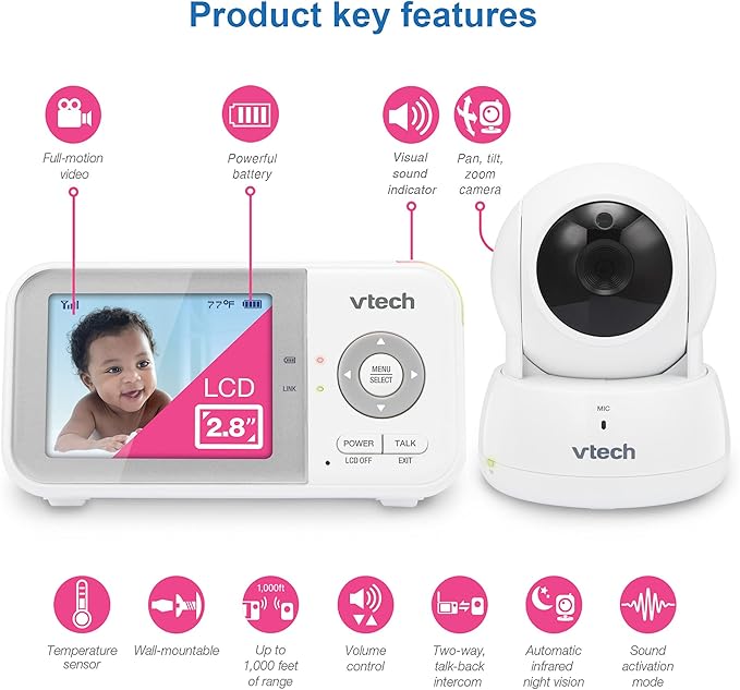 VTech VM923 Baby Monitor, 2.8” Screen, Pan-Tilt-Zoom, 1000ft Long Range, Night Vision, 2-Way Audio, Temperature Sensor, Lullabies, Secure Transmission No WiFi