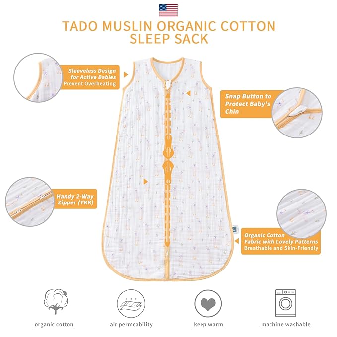 TADO MUSLIN Baby Sleep Sack 2-4 T Baby Wearable Blanket 100% Organic Cotton 0.5 TOG Toddler Sleep Sacks 2- Way Zipper Soft 4 Layers Muslin 2T 3T 4T Goose Yellow