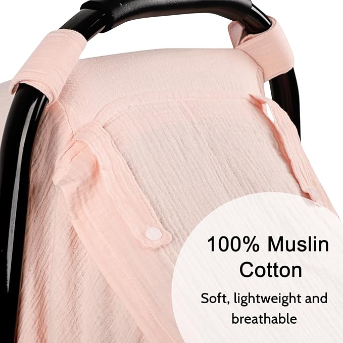 Hooyax Muslin Car Seat Cover Baby - Breathable and Privacy Car Seat Canopy with 3 Modes - Easy Install & Gift Box Packaging, Universal Fit for Infant Car Seats, Pink