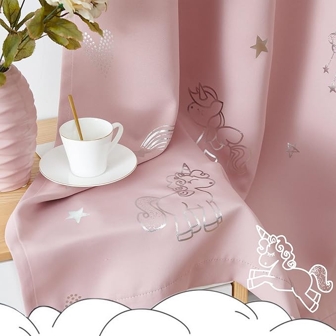 Vangao Rainbow Room Darkening Kids Curtains for Girls Bedroom Pink Unicorn for Kids Nursery Room Silver Foil Print Curtains Thermal Insulated Drapes Grommet Window Drapes 63 Inches Length 2 Panels