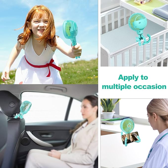 TRELC Mini Stroller Fan, 19H Ultra-long Battery Life, Personal Handheld Clip on Portable Rechargeable Fan with Flexible Tripod, Gift for Children Baby Office Room Car Travel BBQ Gym (Mint Green)