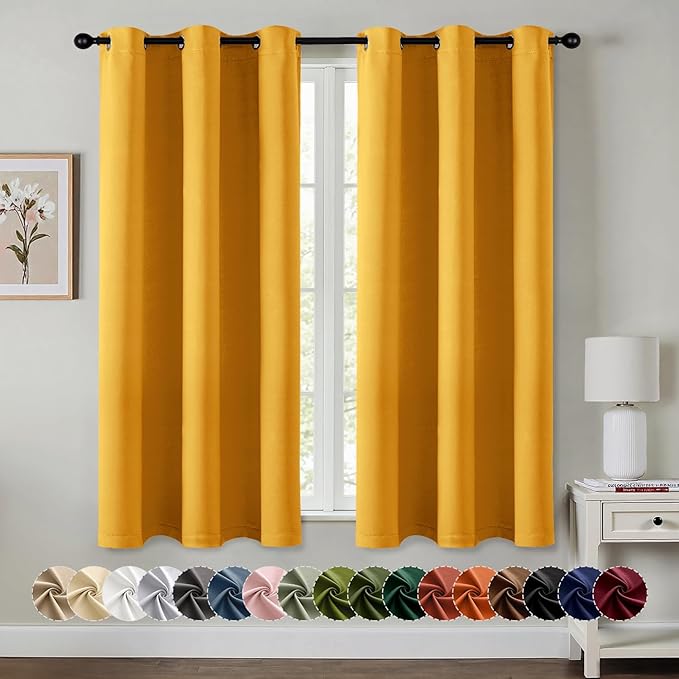 MIULEE Yellow Blackout Curtains for Bedroom Living Room 63 Inches Long 2 Panels, Thermal Insulated Room Darkening Drapes Solid Grommet Noise Reduction Light Blocking Window Treatments 40x63 Inch