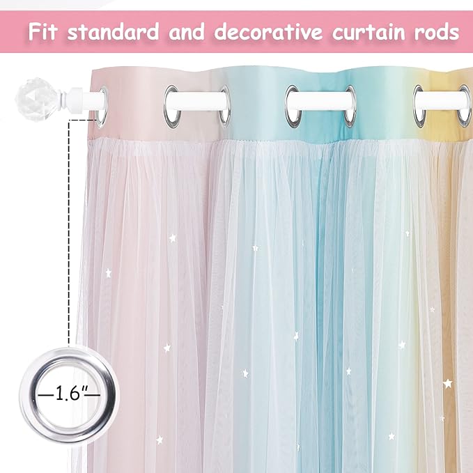 NICETOWN Kids Room Decor Curtains for Girls Nursery, Star Cut Princess Room Design Curtains with Versatile Styling Options for Backdrops (Pink & Yellow & Green & Pink, Each is W52 x L84, Sold by 2)