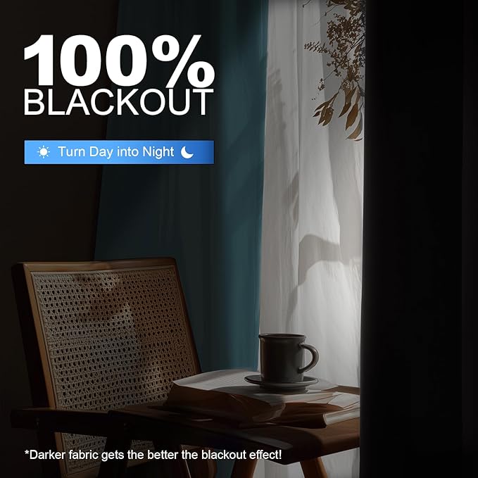 Linen 100% Blackout Curtains for Bedroom, Black Out Curtains 54 Inch Long, Room Darkening Curtains for Living Room, Long Curtain Grommets Drapes, Thermal Curtains(2 Panels, Peacock Blue)