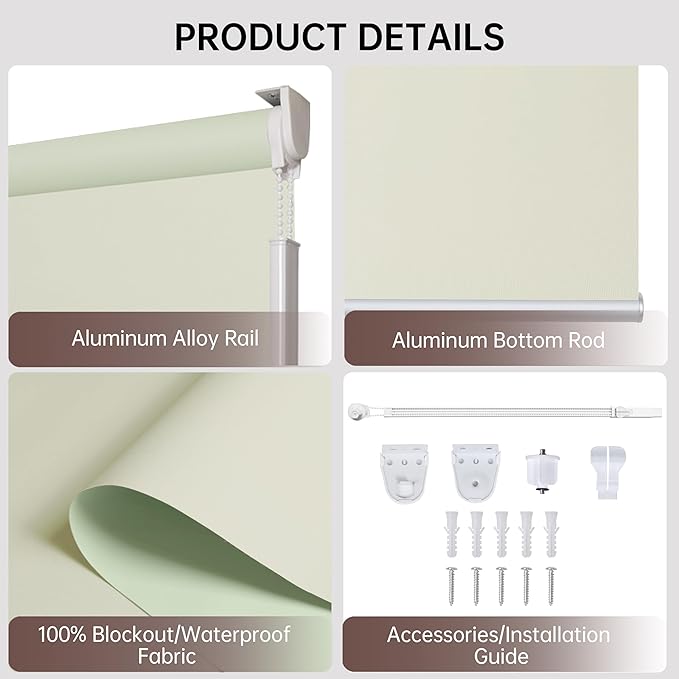 Allbright 100% Blackout Cordless Roller Shades for Windows, Thermal Insulated UV Protection, Window Roller Blinds for Home, Office, Bedroom, Door, 51" W x 72" H, Light Brown