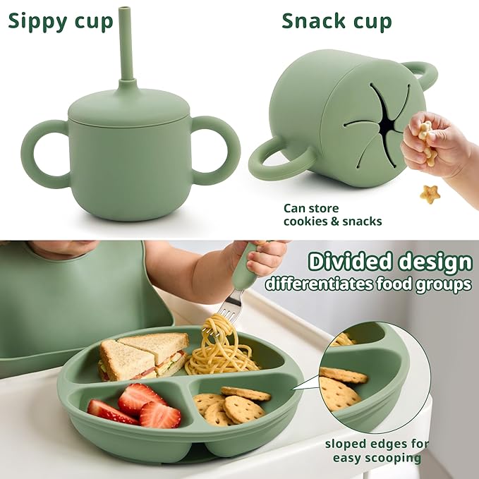 Bufims Silicone Baby Feeding Set, Baby Led Weaning Supplies, Eating Essentials Utensils with Suction Plate and Bowl, Pocket Bib, Sippy Cup with Lid, Forks Spoons Snack Container, for 6+ Months, Green