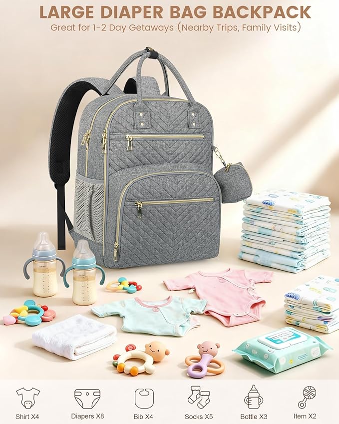 Diaper Bag Backpack,Baby Essentials Diapers Bag with Pacifier Case,Multipurpose Stylish Large Capacity Travel Backpack for Baby Girl/Boy(L-Grey)