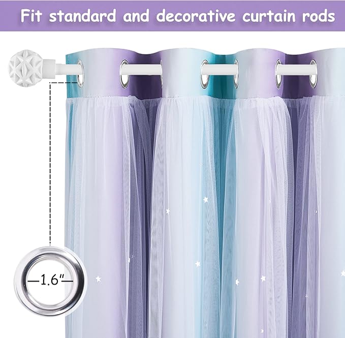 NICETOWN Girls Curtains for Bedroom Kids Room Decor White Mosquito Net & Blackout Ombre Drapes, Mix & Match Star Cut Curtain Panels for Nursery (Teal & Purple, Each is W52 x L84, Sold by 2 PCs)