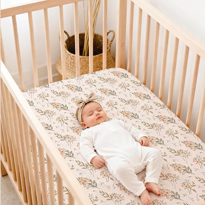 lulumoon Fitted Crib Sheets 2-Pack: Soft Muslin Cotton for Standard Crib - Boho Floral Print for Baby Girls Nursery Bedding & Gift