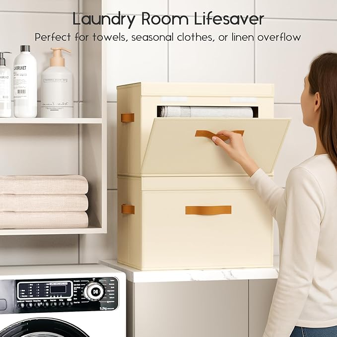 Large Storage Bins with Lids - Front Opening Fabric Storage Bins, Flap Closet Organizer with Handles, Collapsible Boxes with Lid, Decorative Basket for Home, Dorm, 4 Pack, Beige