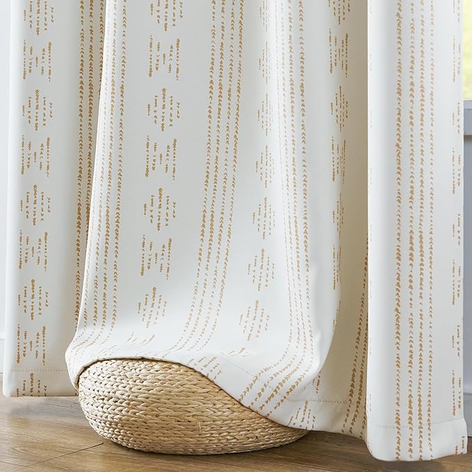 jinchan 95% Blackout Boho Curtain 84 Inches Long for Bedroom 1 Panel Extra Wide Printed Curtain Beige Geometric Grommet Top Thermal Insulated Window Drape Beige