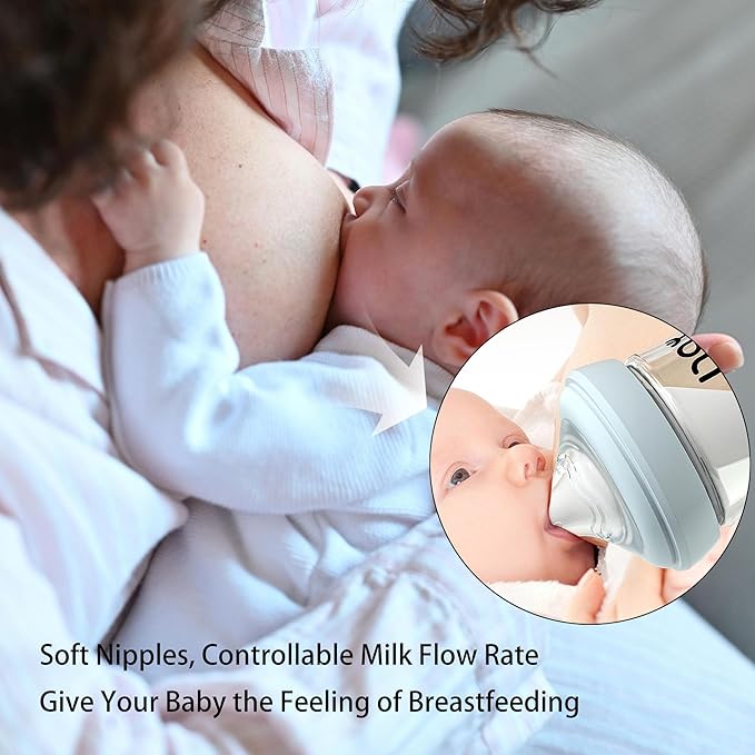 yanyoyo Natural Glass Baby Bottle for Breastfeeding Babies, 5.4oz Anti-Colic Baby Bottle with Natural Response Nipple(S), Clear, Wide Neck, 2 Pack, 1 Months+