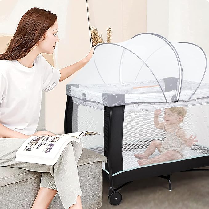 Beberoad Love Portable Playard Cover – Breathable Mosquito Net with 2-Way Zipper for Travel Cribs & Playpens (White)