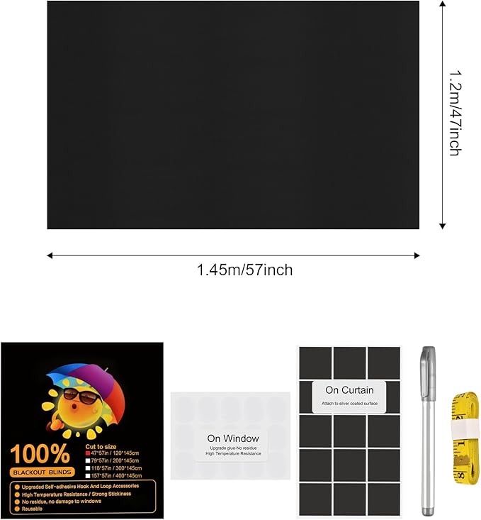 Blackout Window Cover, Upgraded Hook and Loop - Portable Shades No Residue and Longer Lasting, 100% Blackout Blinds for Window 47″ x 57″, Black Out Curtains for Bedroom and Baby Room 1.2m
