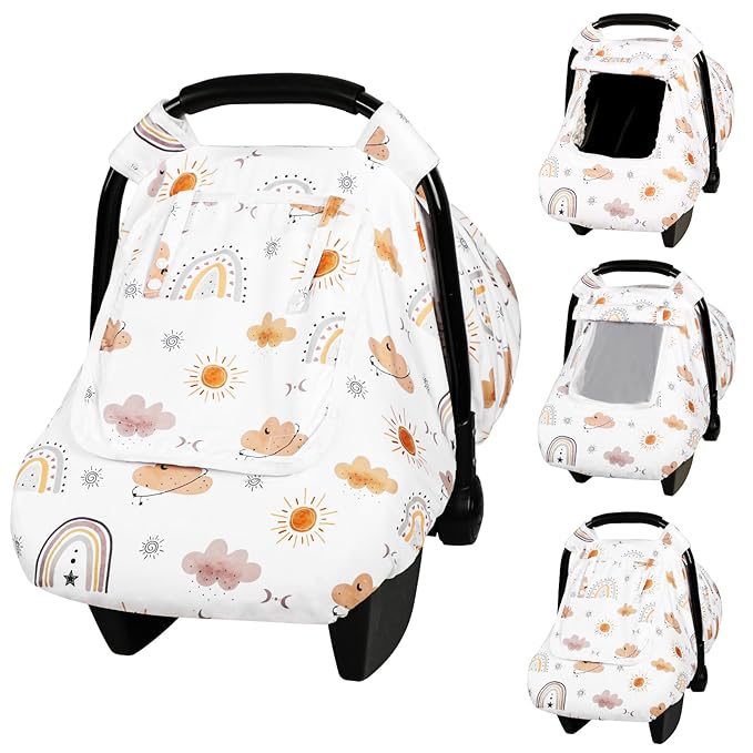 Car Seat Cover Baby, Anti-Kick Carseat Covers Baby Girl, Warm Minky Infant Car Seat Canopy with Mesh Window, Multi-Use Cover Protecting Baby from Wind, Sun, Strangers, White Rainbow