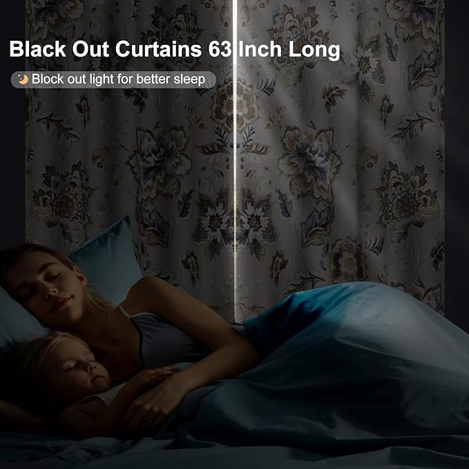 Floral Blackout Curtains for Bedroom and Living Room, Farmhouse Room Darkening Soundproof Thermal Insulated Blackout Curtains for Winter, Grommet Black Out Window Curtains 63 Inch Long 2 Panels Set
