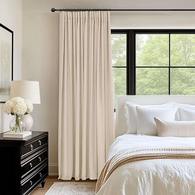 INOVADAY 100% Blackout Curtains for Bedroom, Black Out Curtains 90 Inch Long, Clip Rings Linen Blackout Drapes, Thermal Insulated Room Darkening for Living Room, 1 Panel - Cream,W102xL90