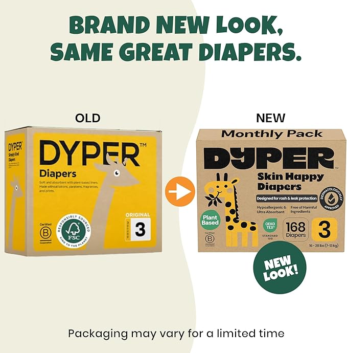 DYPER Monthly Pack Baby Diapers Size 3 (16-28 lbs) 168 Count - Leak-Proof & Plant Based, Hypoallergenic and Ultra Absorbent Size 3 Diapers for Day and Overnight Skin Protection (Packaging May Vary)