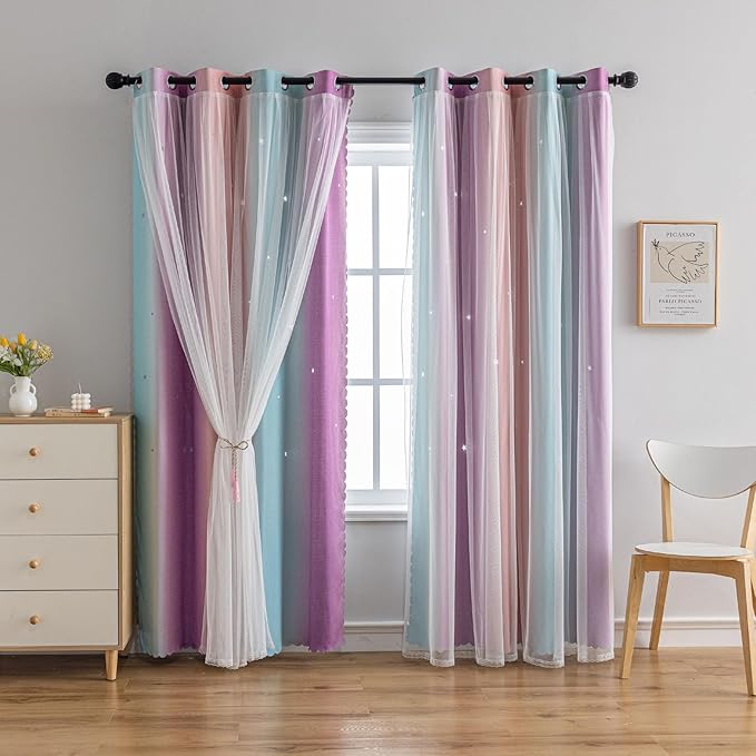 Star Girl and Kids Curtains for Bedroom Rainbow Ombre Double Layer Cute Shot Nursery Darkening Grommet Princess Room Décor 2 Panels Living Room Window Curtain (Pink Purple52W x 72L