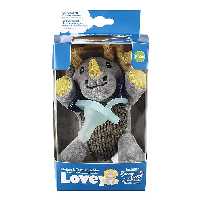 Dr. Brown's Natural Flow® Anti-Colic Options+™ Wide-Neck Baby Bottle, Dino Design, 9oz/270mL, Level 1 Nipple, 2-Pack, 0m+ with Lovey Pacifier Holder with Silicone HappyPaci, Triceratops, 0-12m